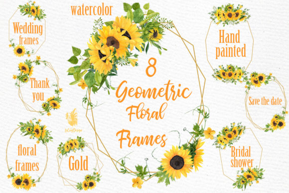 Geometric Sunflower Floral Frames & Illustrations