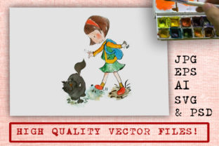 Girl and Cat Watercolor Cartoon Illustrations