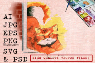 Orange Cat in the Window Watercolor Illustrations