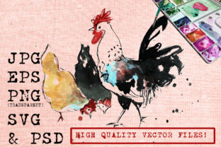 Rooster and Two Chickens Watercolor Illustrations