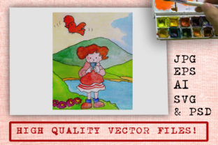 Watercolor Cartoon Girl Drinking by the River Illustrations