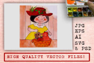 Watercolor Cartoon Girl with Three Cats Illustrations